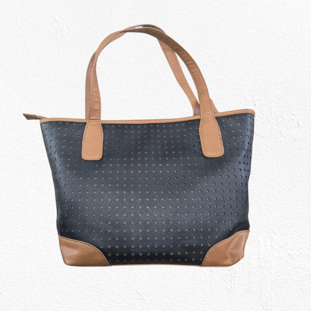 Marc Fisher Black Tan Perforated Tote Bag Zip Shoulder Purse Large Shopper Bag